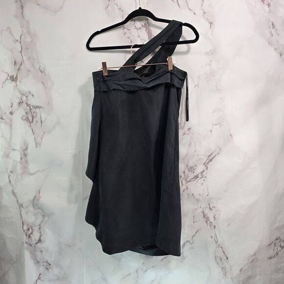 In Ad Minus Dress Womens 4 Small Black Silk Mini Asymmetric Shift Ruffle LBD - Picture 1 of 16